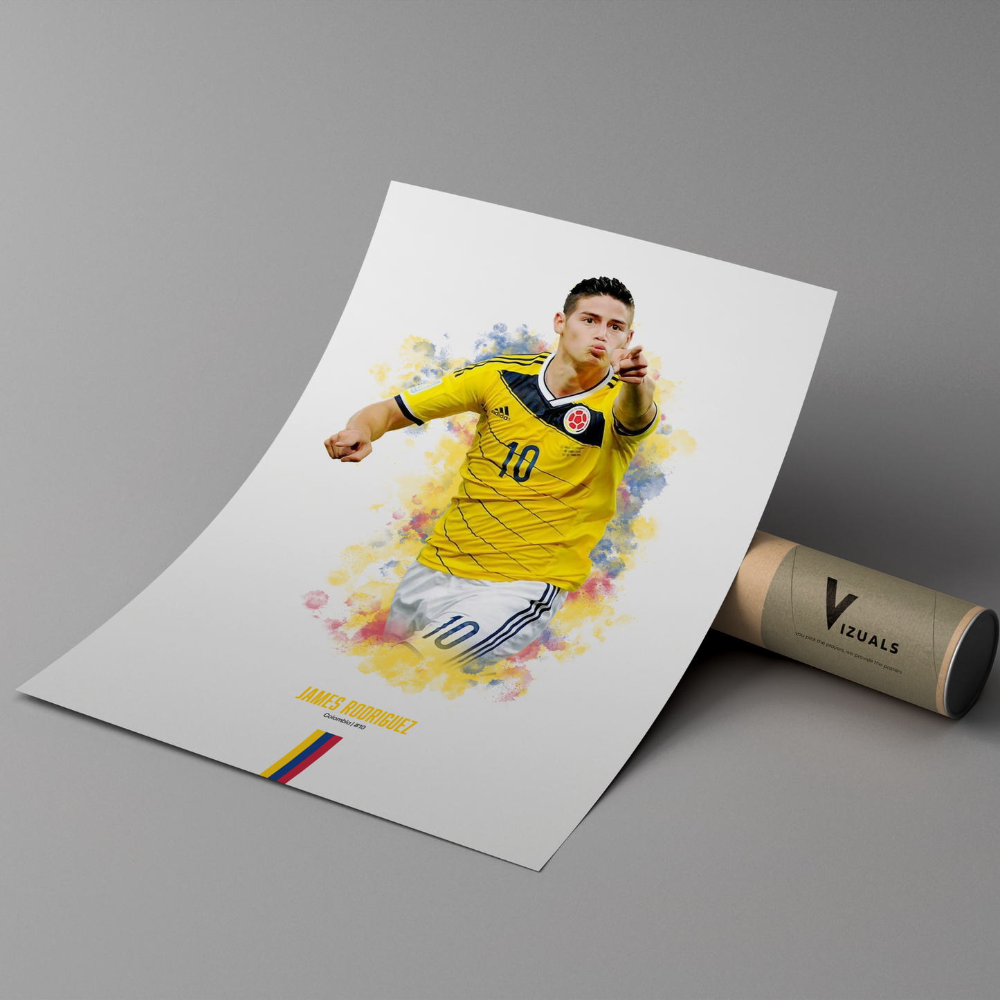 poster mockup of soccer player james rodriguez leaning on a cardboard tube