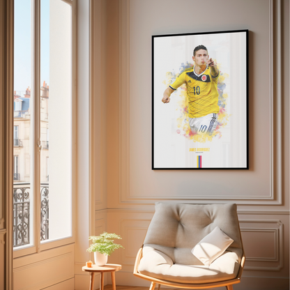 framed poster mockup of soccer player james rodriguez hanging in a living room