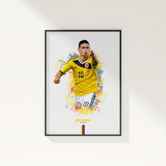 framed poster mockup of soccer player james rodriguez hanging on a white wall