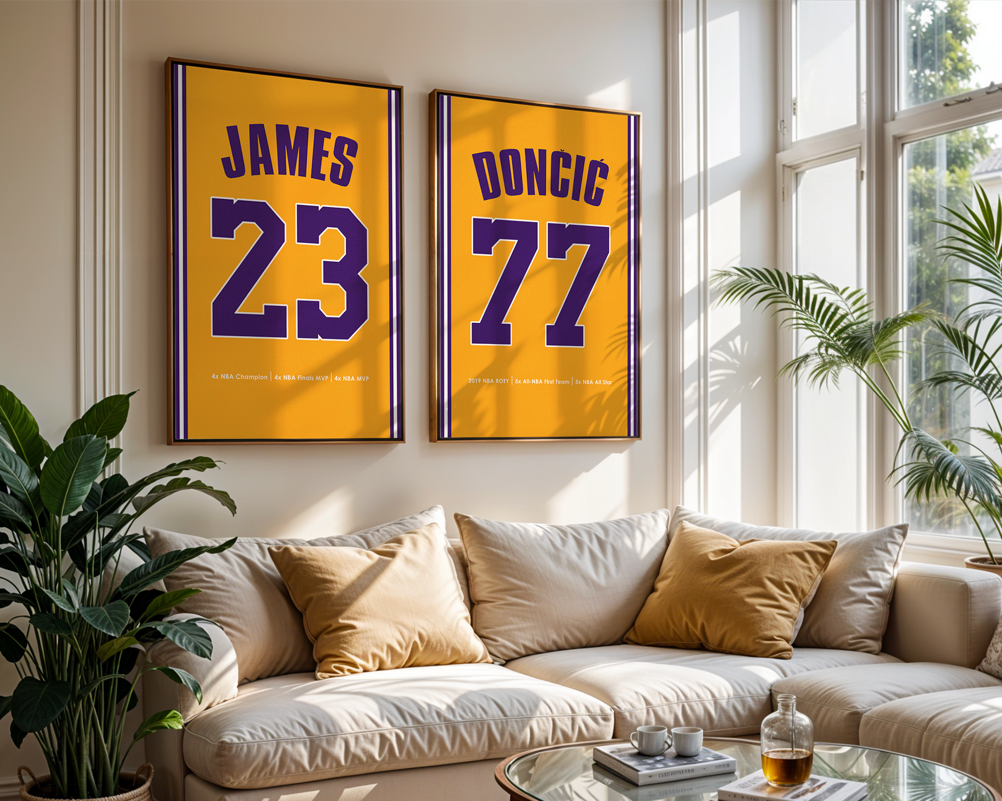 Two framed sports jerseys hanging on a wall above a sofa in a living room.