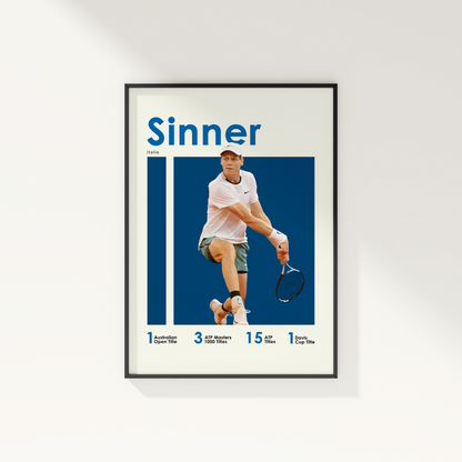 framed poster mockup of tennis player jannik sinner hanging on a white wall