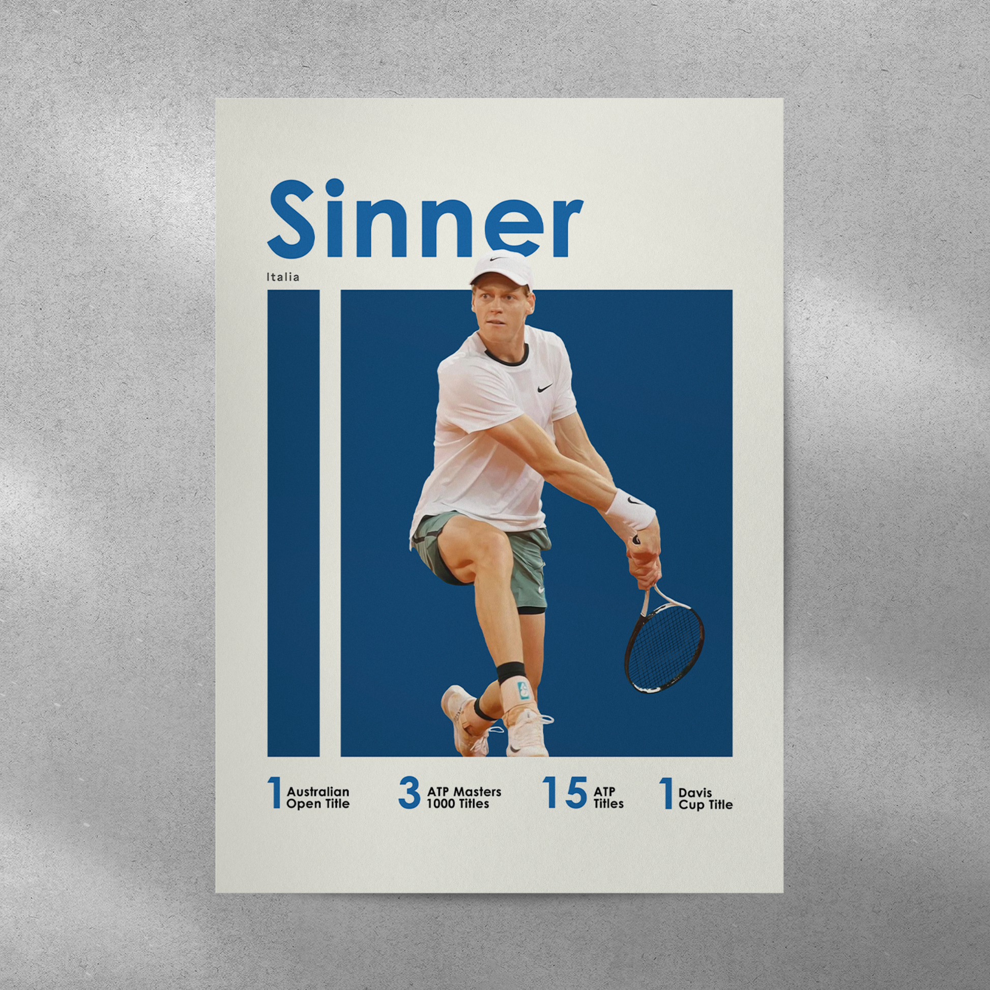 poster mockup of tennis player jannik sinner on a grey wall