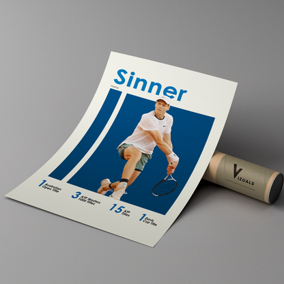 poster mockup of tennis player jannik sinner leaning on a cardboard tube