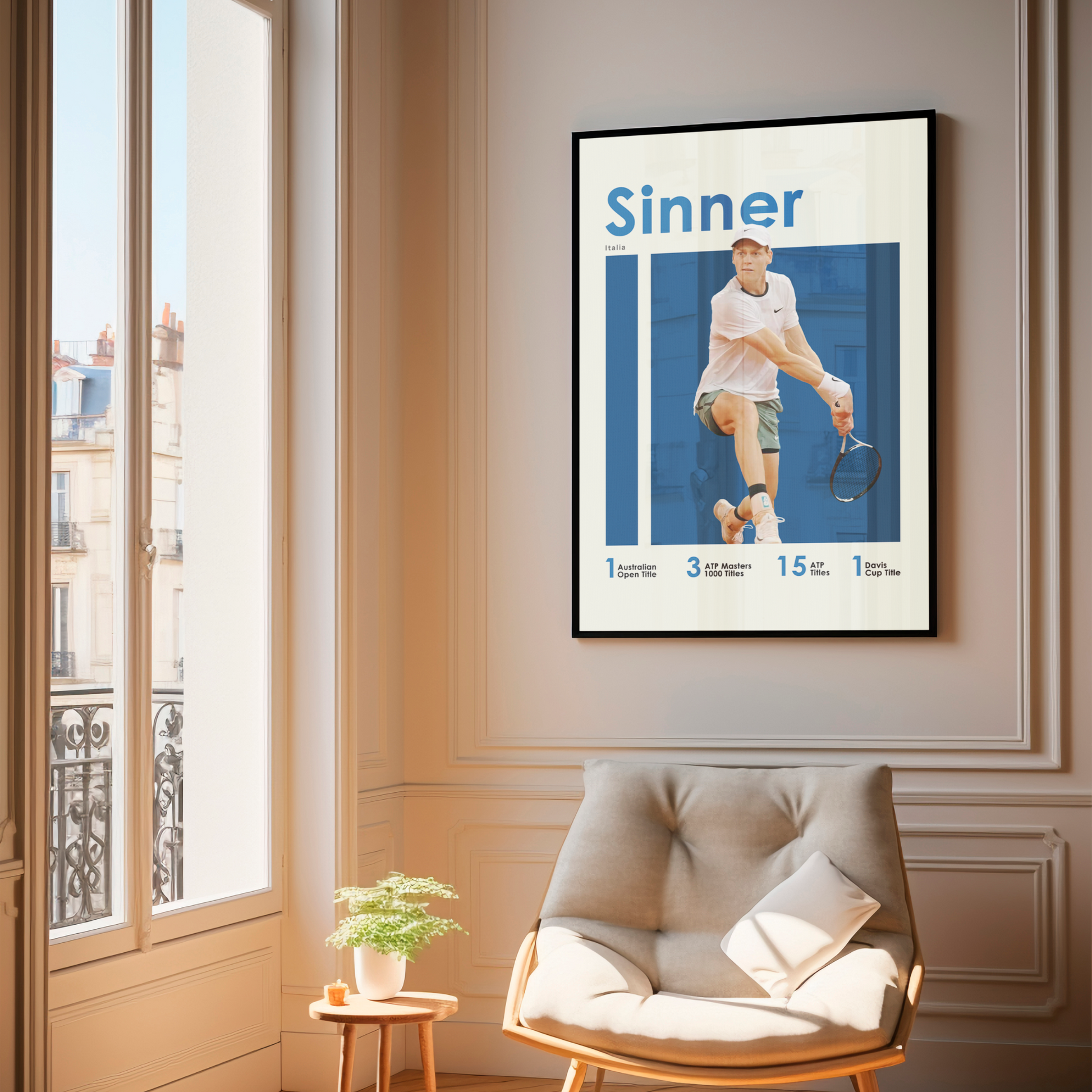 framed poster mockup of tennis player jannik sinner hanging in a living room