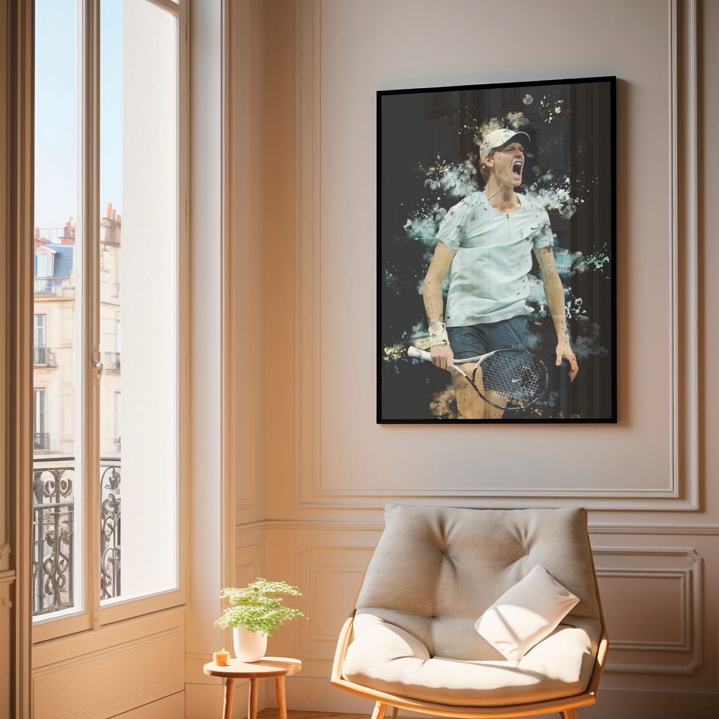 framed poster mockup of tennis player jannik sinner hanging in a living room