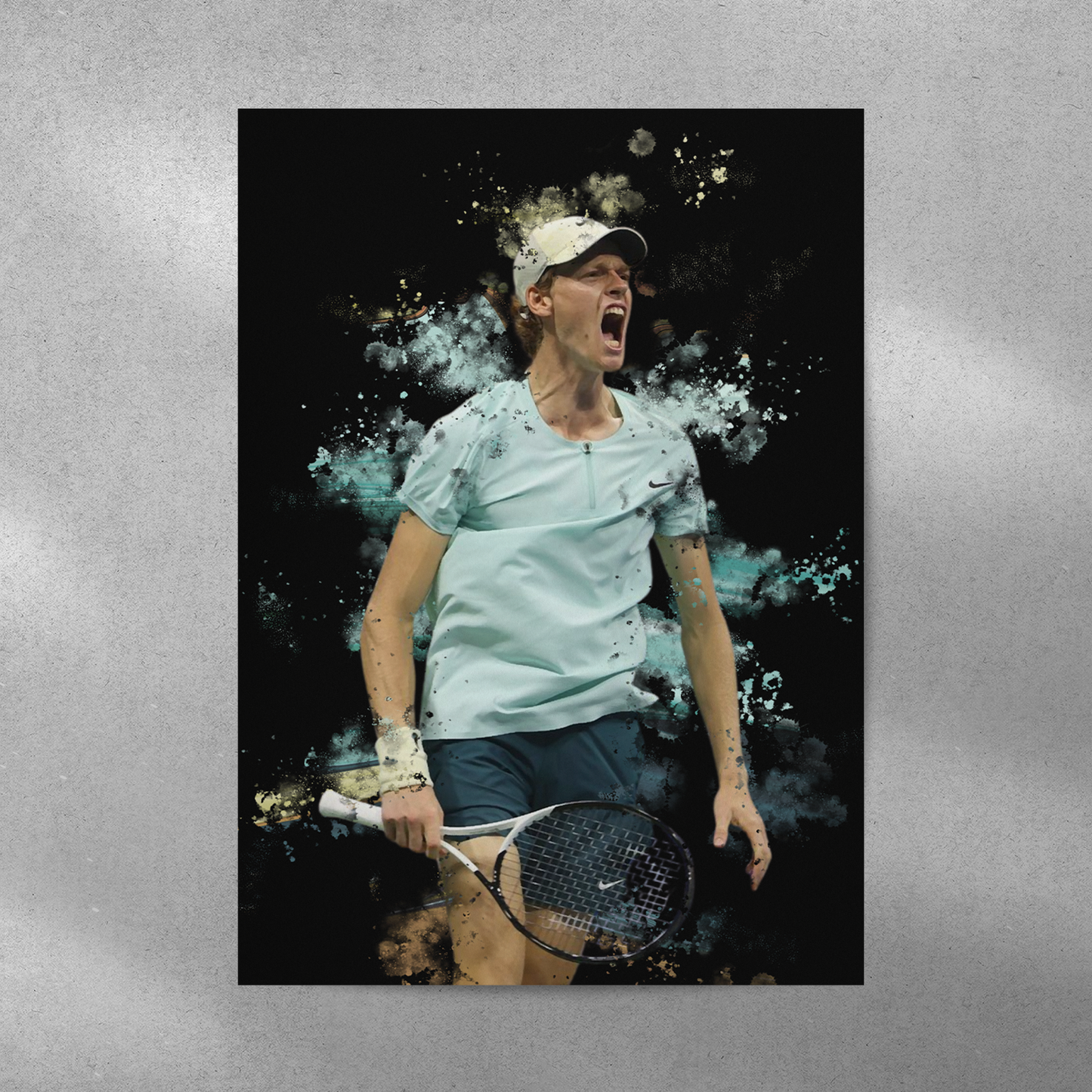 poster mockup of tennis player jannik sinner on a grey wall