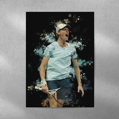 poster mockup of tennis player jannik sinner on a grey wall