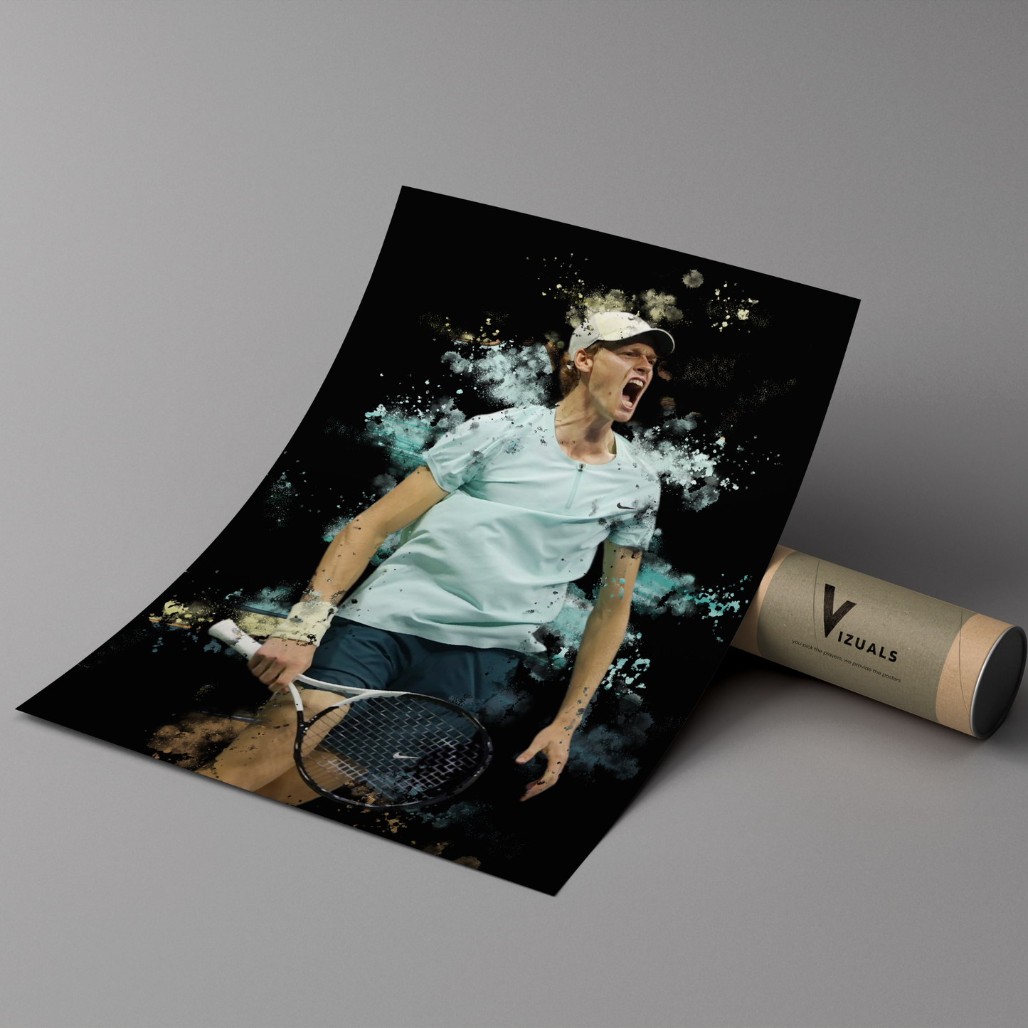 poster mockup of tennis player jannik sinner leaning on a cardboard tube