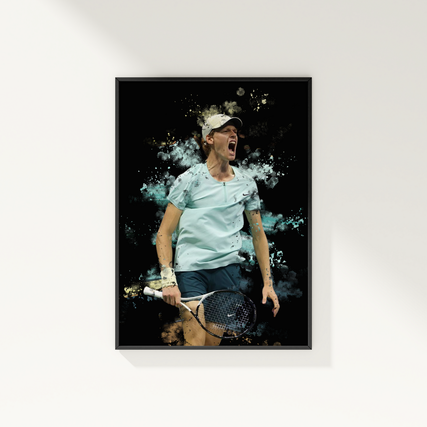 framed poster mockup of tennis player jannik sinner hanging on a white wall