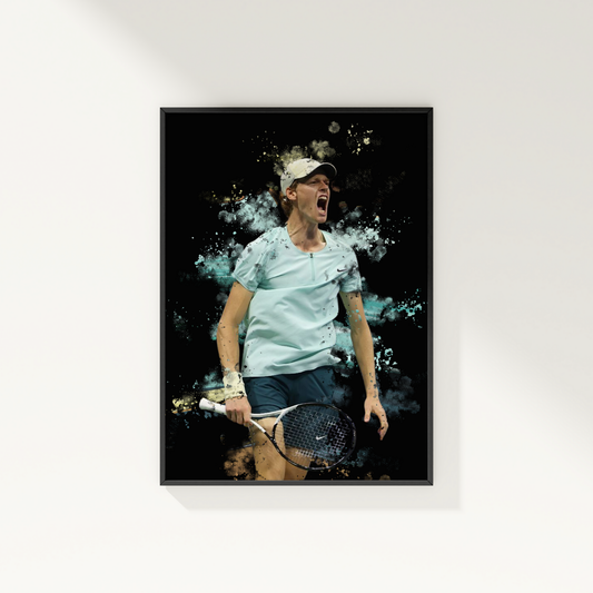 framed poster mockup of tennis player jannik sinner hanging on a white wall