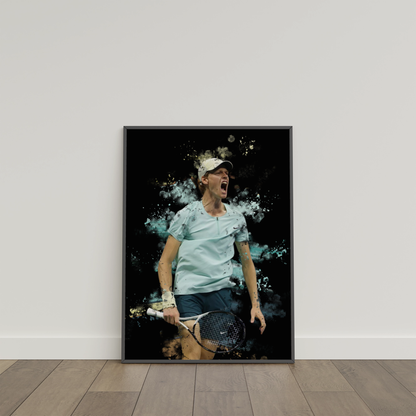 framed poster mockup of tennis player jannik sinner leaning on a white wall