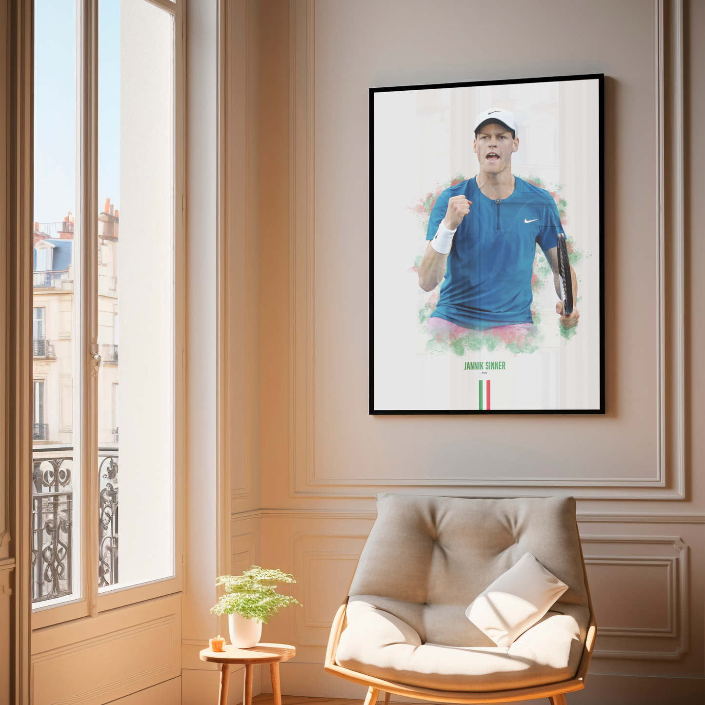 framed poster mockup of tennis player jannik sinner hanging in a living room