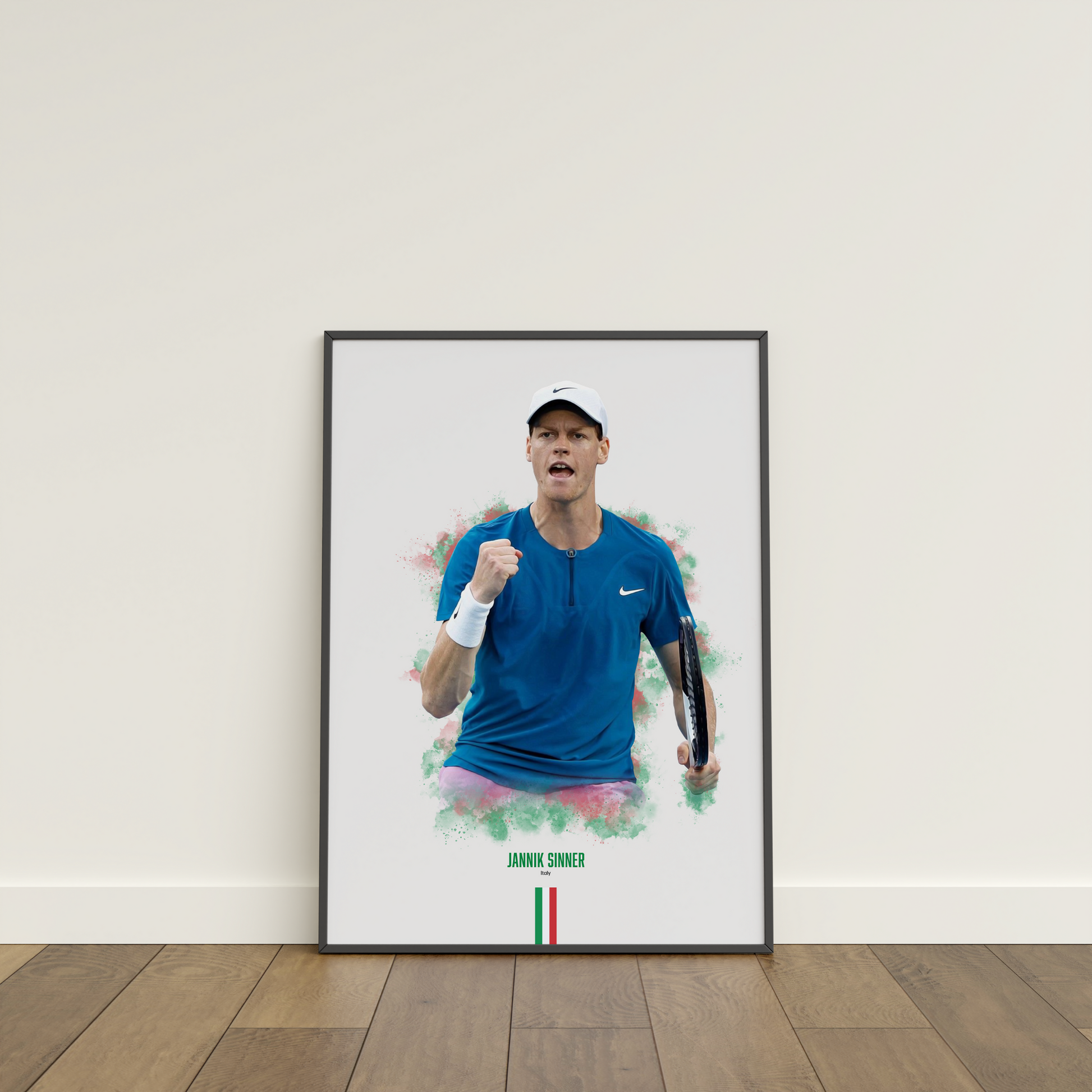 framed poster mockup of tennis player jannik sinner leaning on a white wall