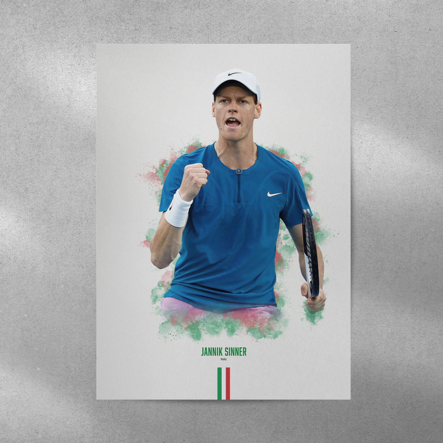 poster mockup of tennis player jannik sinner on a grey wall