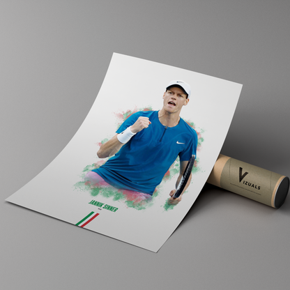 poster mockup of tennis player jannik sinner leaning on a cardboard tube