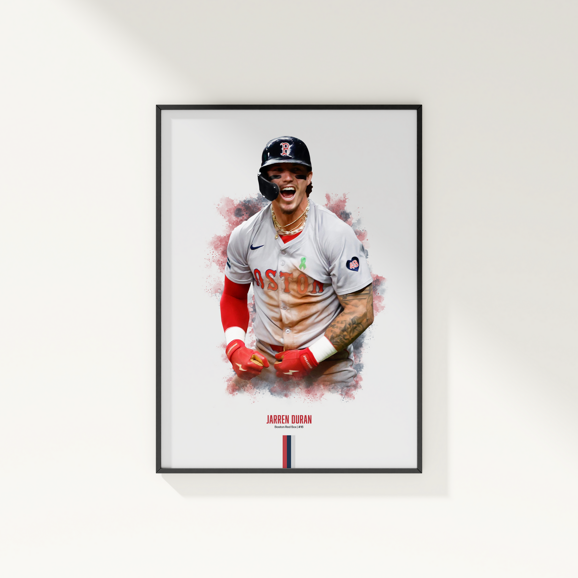 framed poster mockup of baseball player jarren duran hanging on a white wall