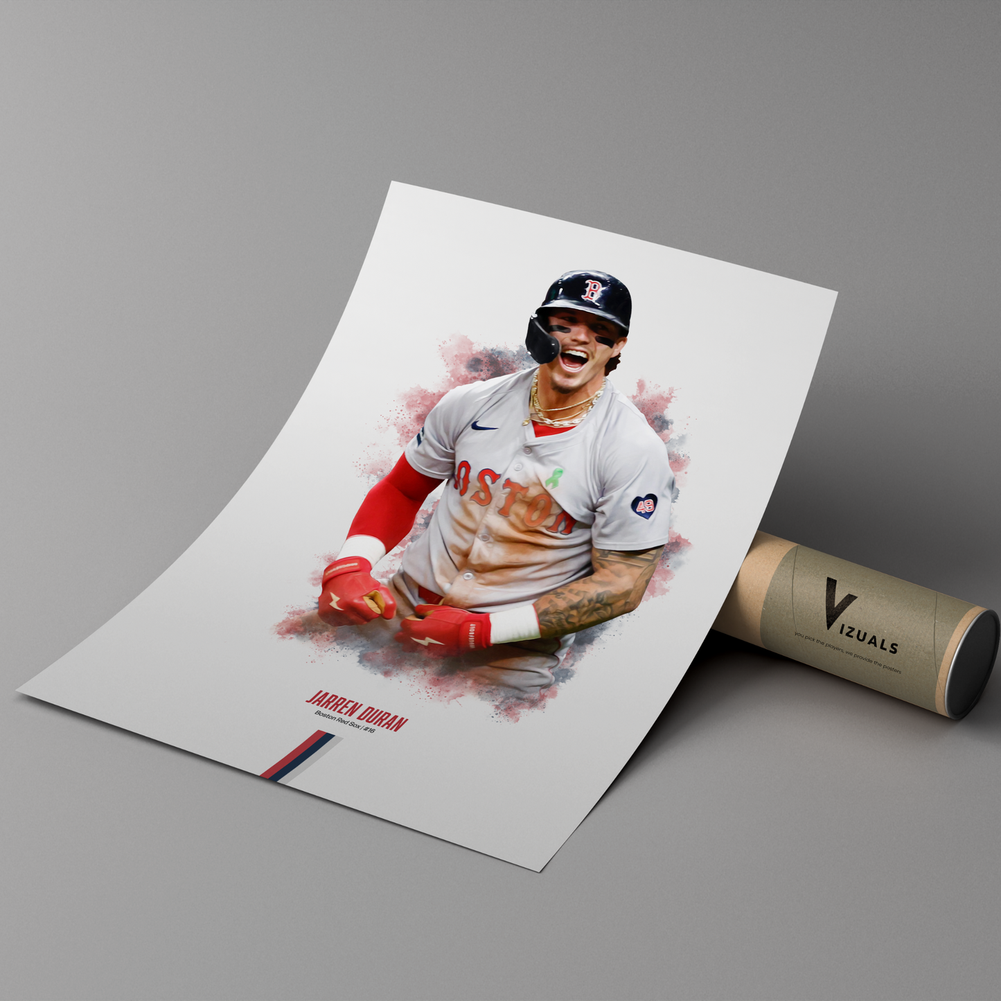 poster mockup of baseball player jarren duran leaning on a cardboard tube