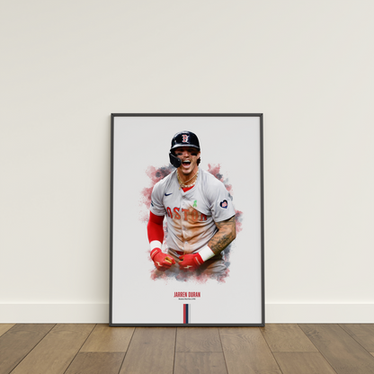 framed poster mockup of baseball player jarren duran leaning on a white wall