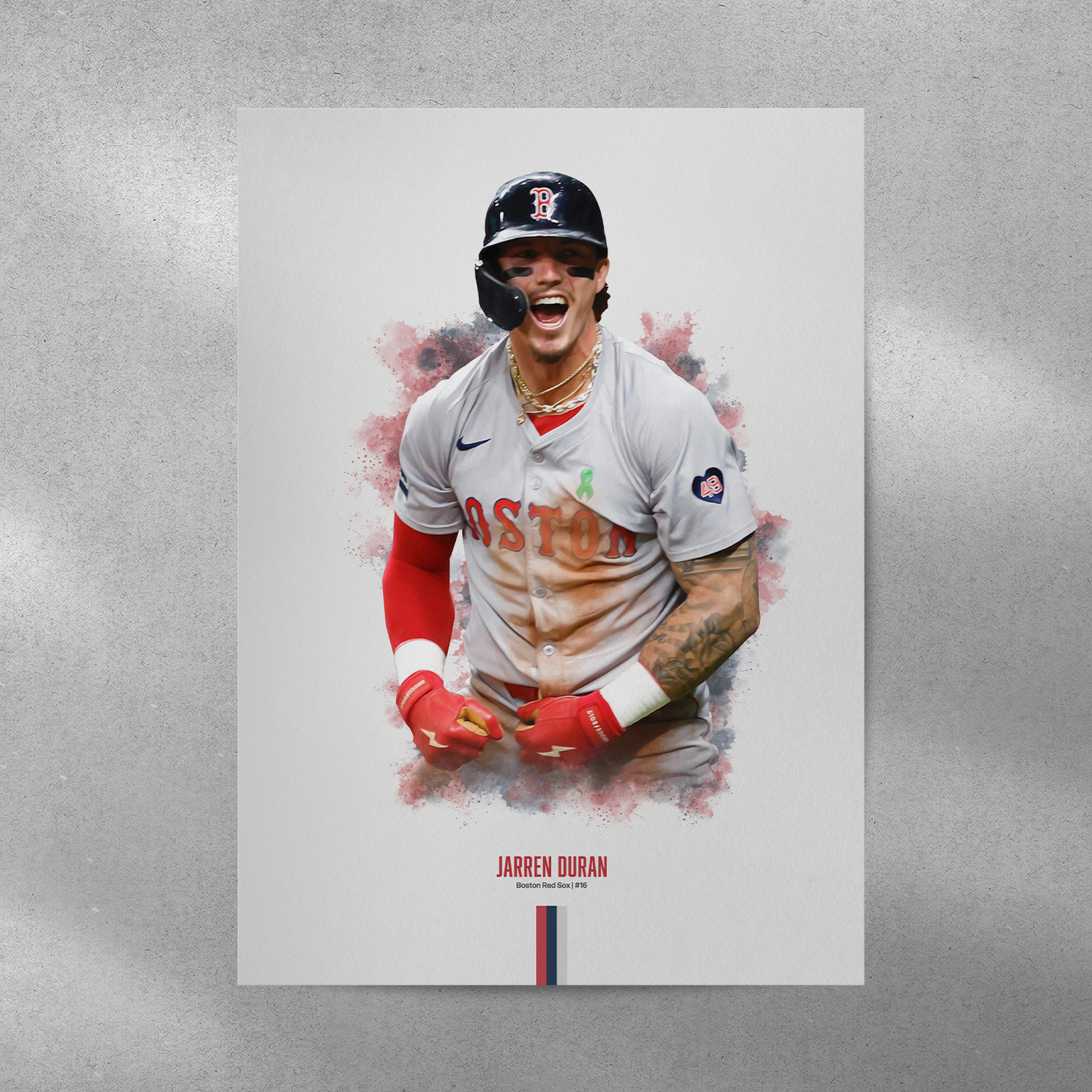 poster mockup of baseball player jarren duran on a grey wall