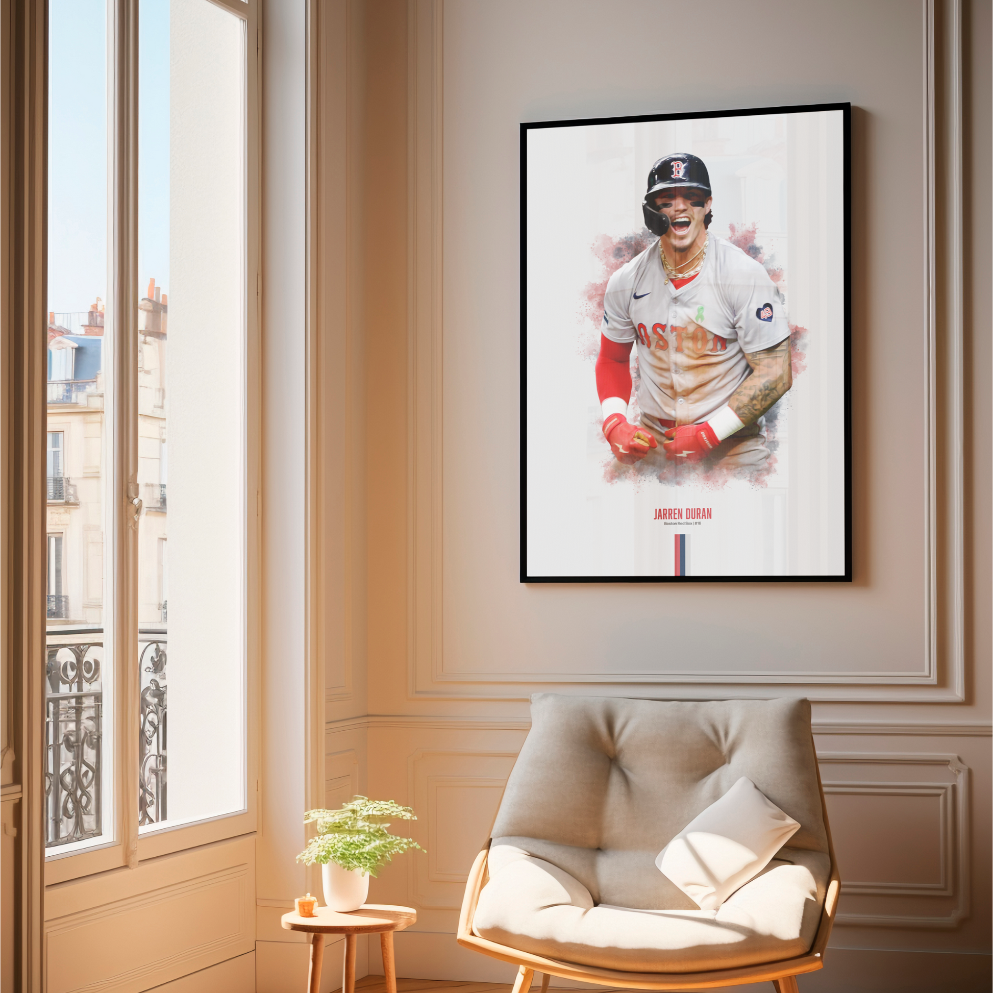 framed poster mockup of baseball player jarren duran hanging in a living room