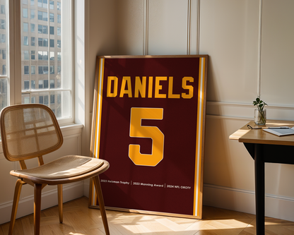 Framed sports jersey with 'Daniels' and number '5' in a room with a window and chair.