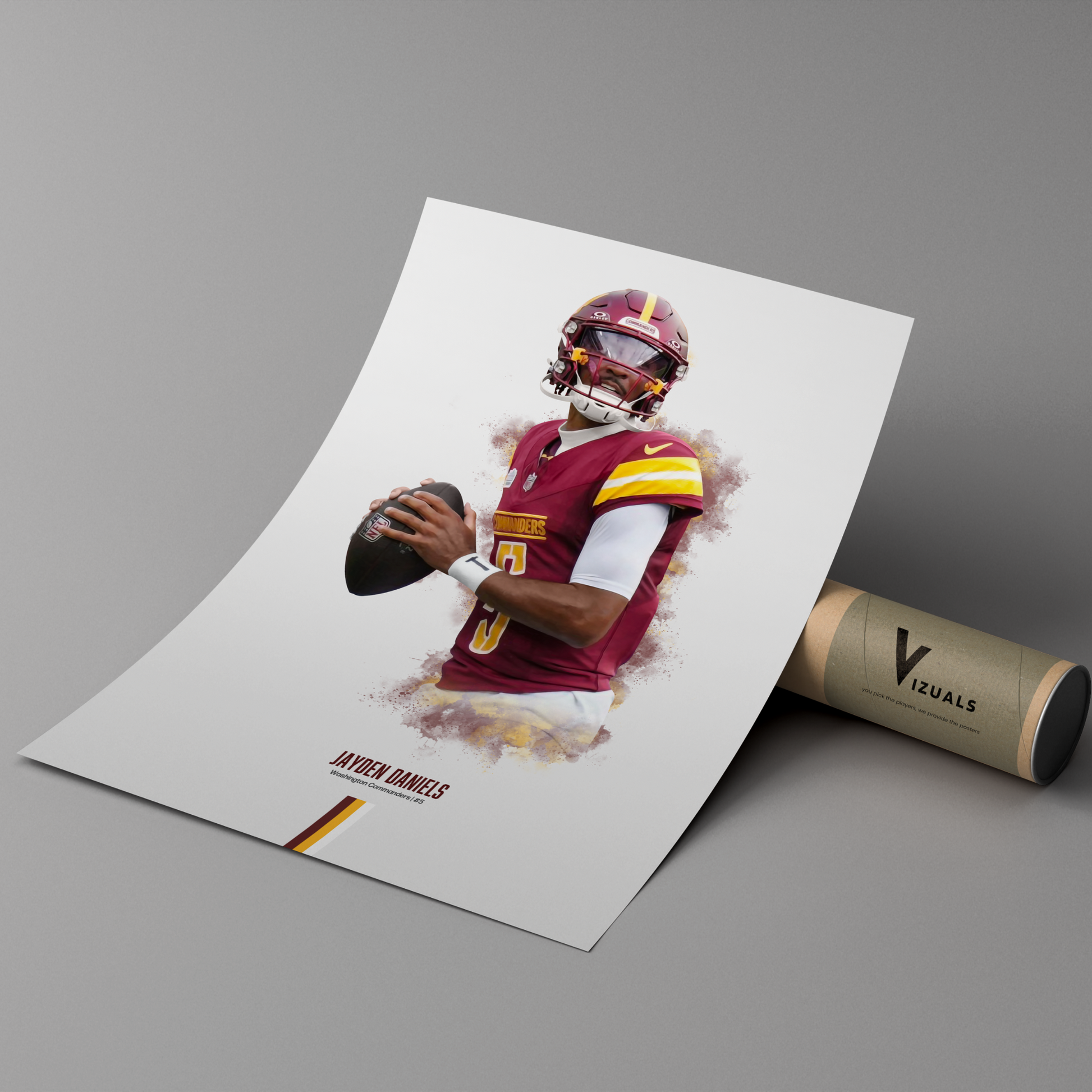 poster mockup of football player jayden daniels leaning on a cardboard tube