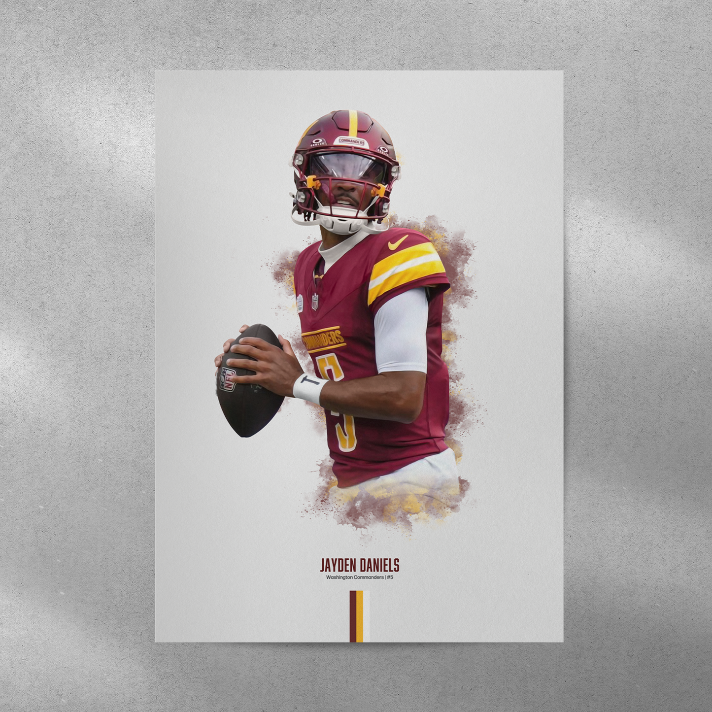 poster mockup of football player jayden daniels on a grey wall