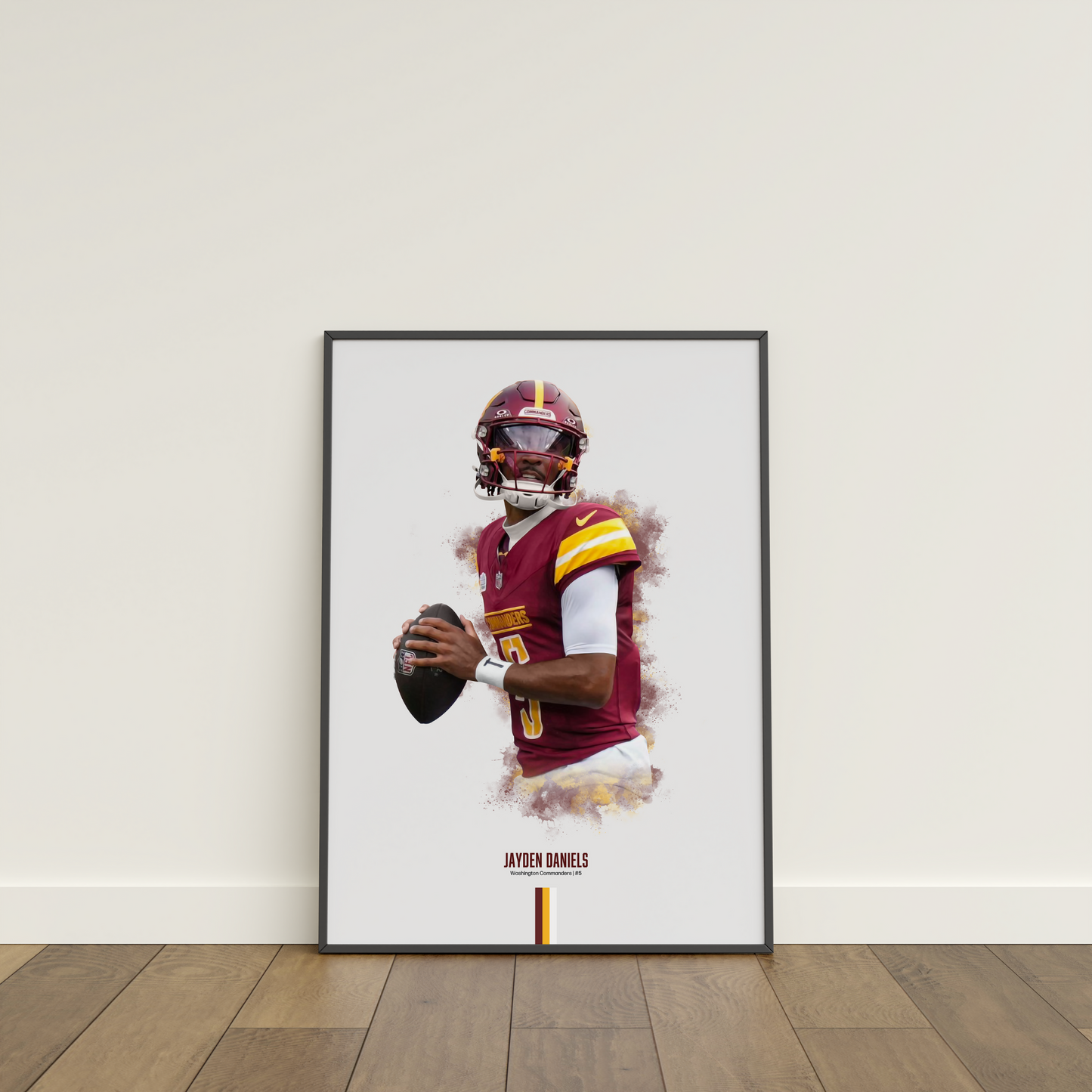 framed poster mockup of football player jayden daniels leaning on a white wall