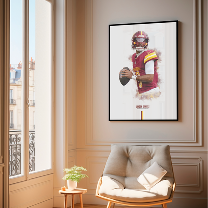 framed poster mockup of football player jayden daniels hanging in a living room