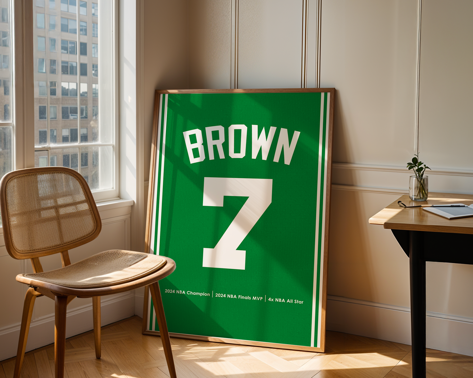 Framed sports jersey with 'Brown' and number '7' in a room with a window and chair.
