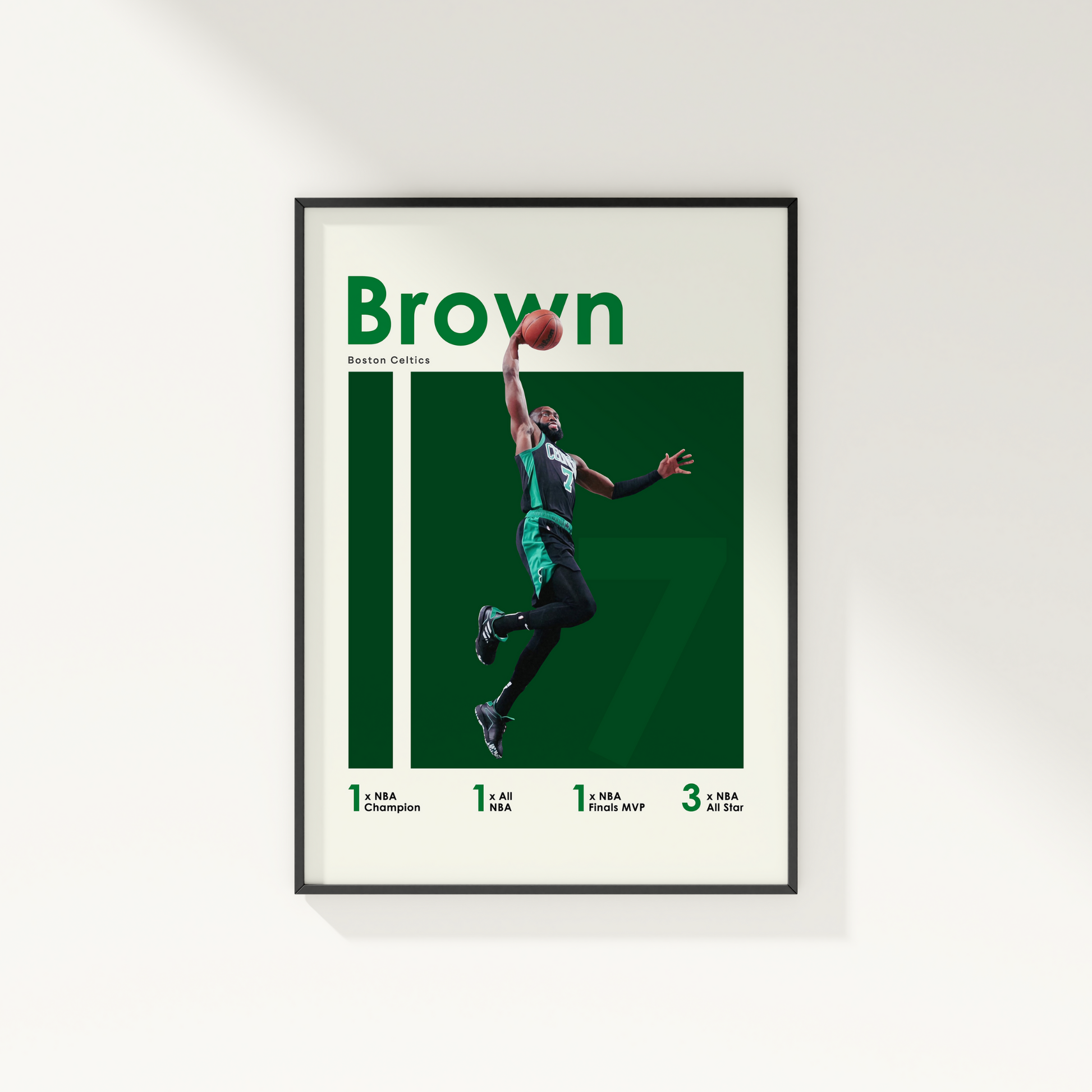 framed poster mockup of basketball player jaylen brown hanging on a white wall