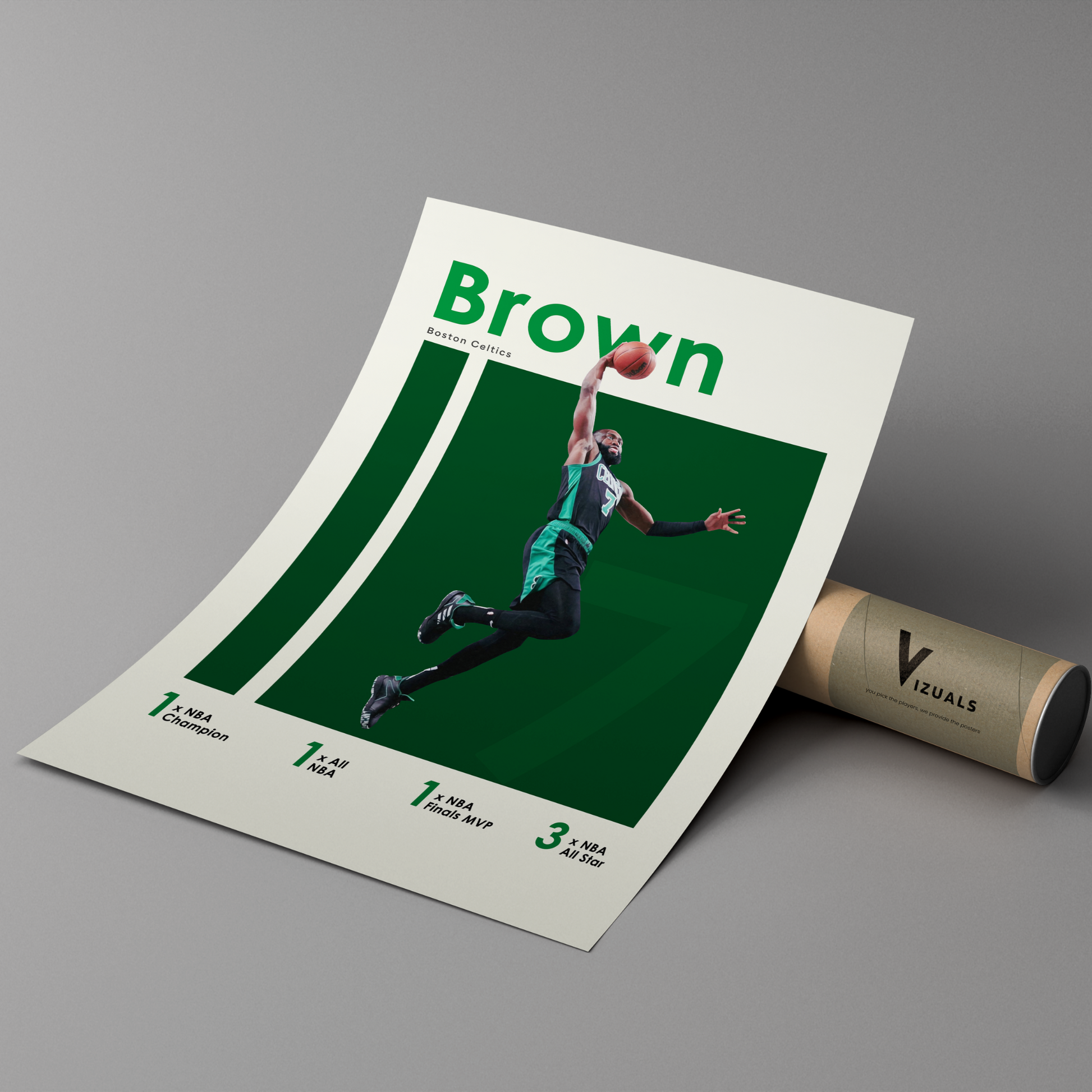 poster mockup of basketball player jaylen brown leaning on a cardboard tube