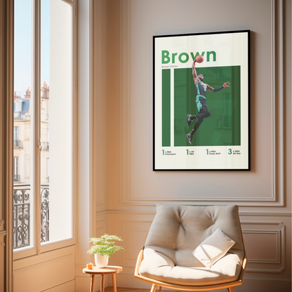 framed poster mockup of basketball player jaylen brown hanging in a living room