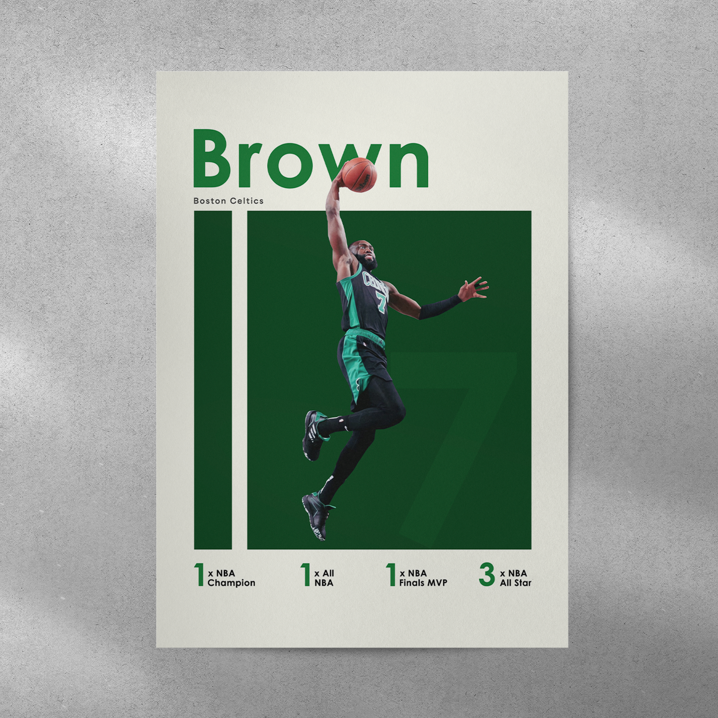 poster mockup of basketball player jaylen brown on a grey wall