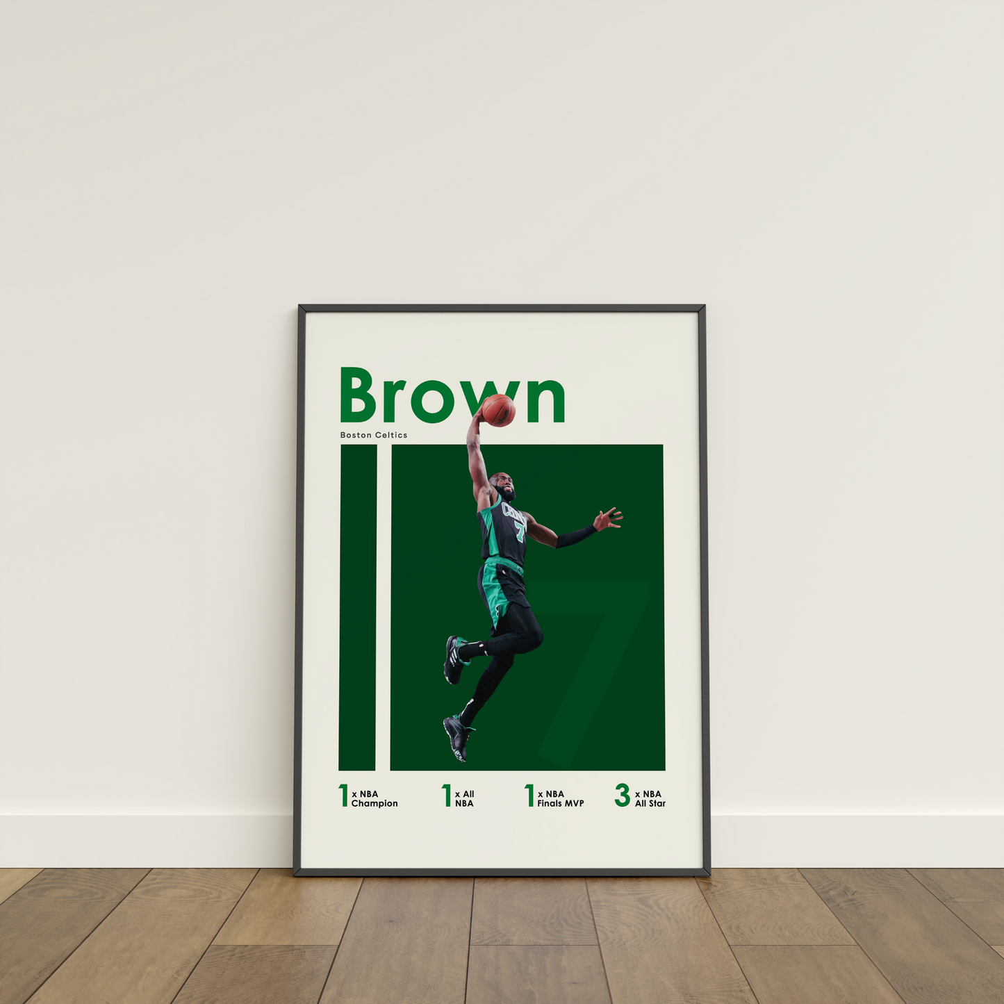 framed poster mockup of basketball player jaylen brown leaning on a white wall