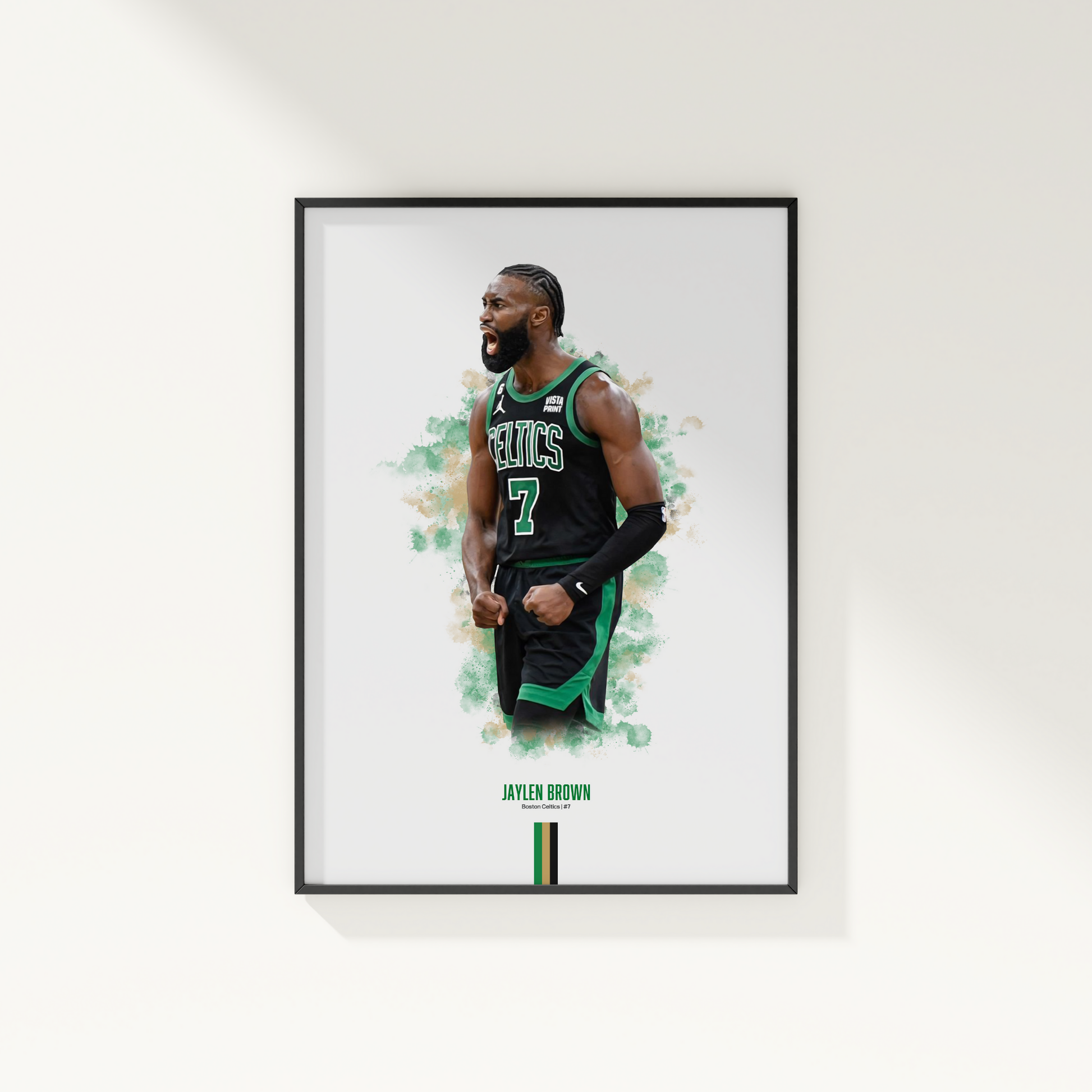 framed poster mockup of basketball player jaylen brown hanging on a white wall