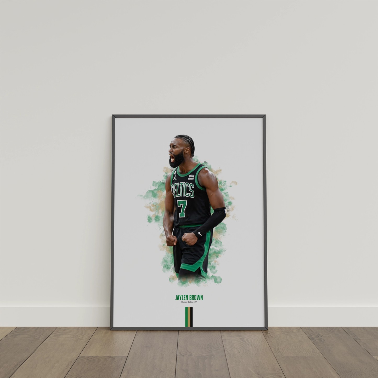 framed poster mockup of basketball player jaylen brown leaning on a white wall