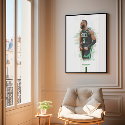 framed poster mockup of basketball player jaylen brown hanging in a living room