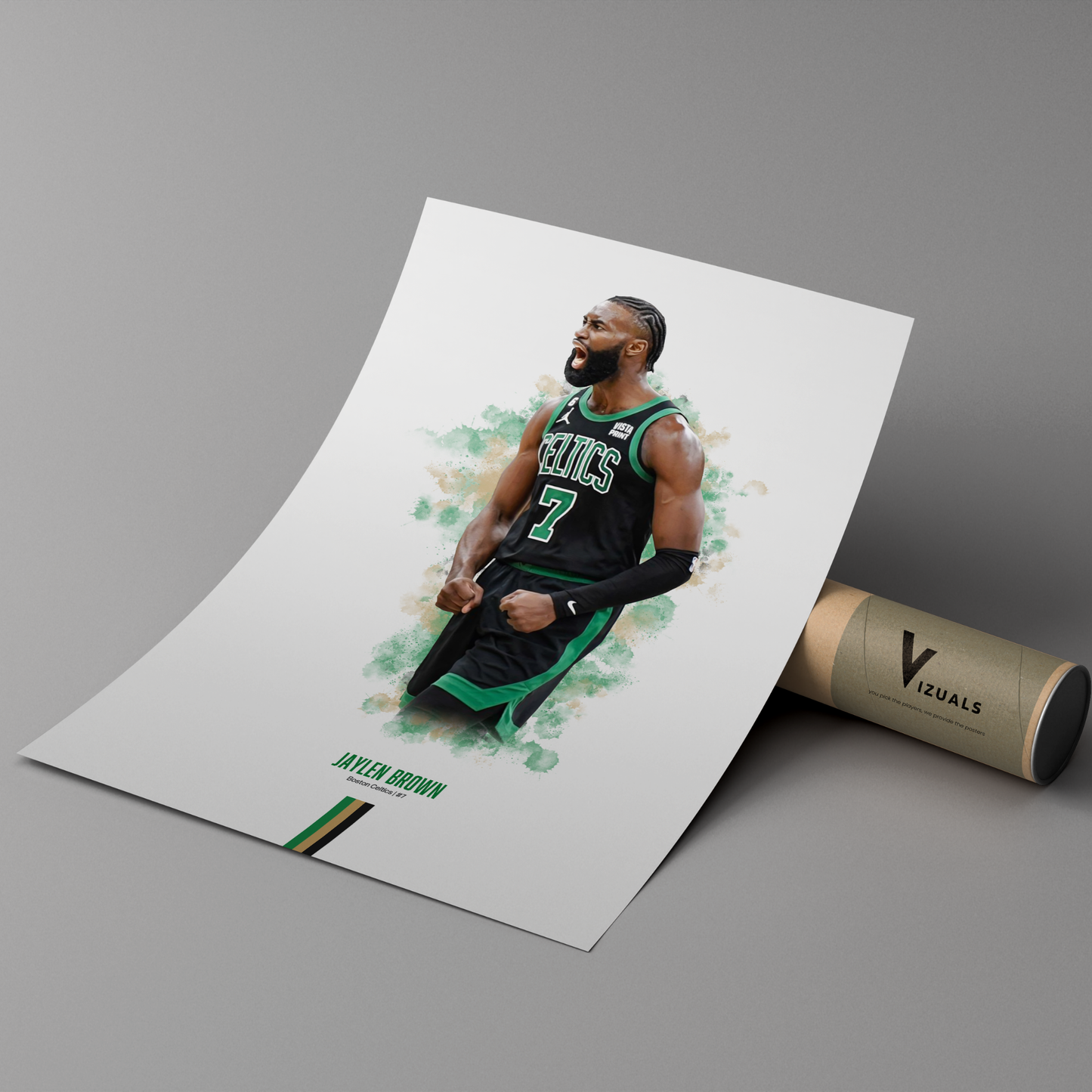 poster mockup of basketball player jaylen brown leaning on a cardboard tube