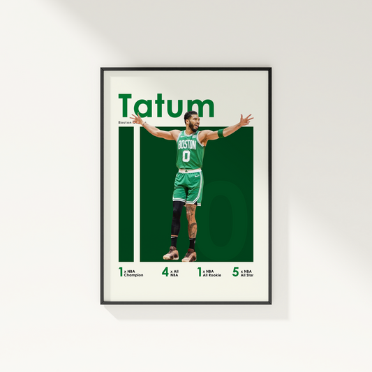 framed poster mockup of basketball player jayson tatum hanging on a white wall