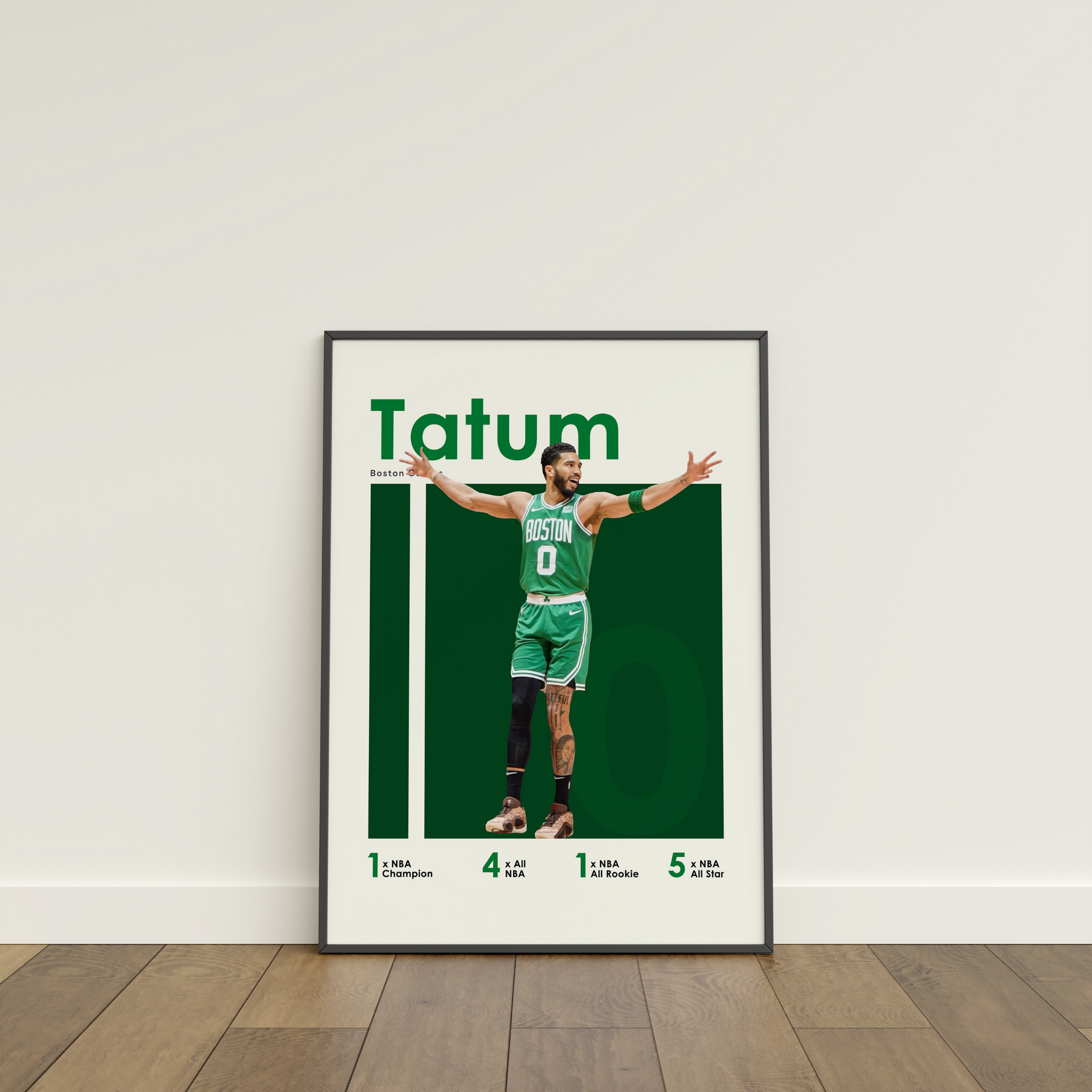 framed poster mockup of basketball player jayson tatum leaning on a white wall