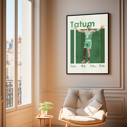 framed poster mockup of basketball player jayson tatum hanging in a living room