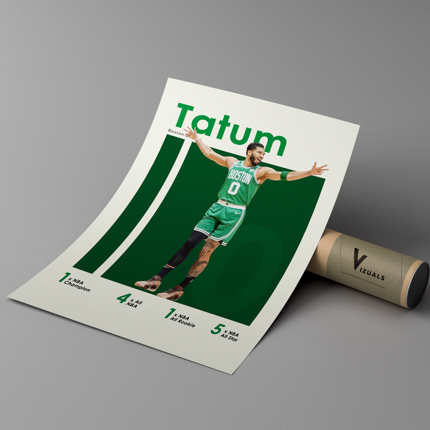 poster mockup of basketball player jayson tatum leaning on a cardboard tube