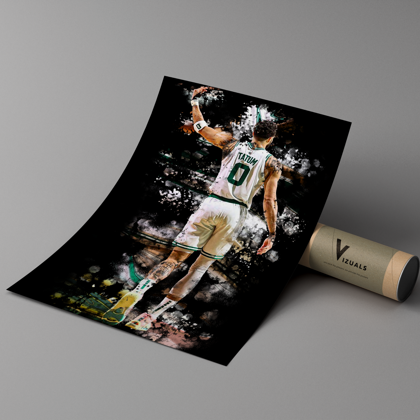 poster mockup of basketball player jayson tatum leaning on a cardboard tube