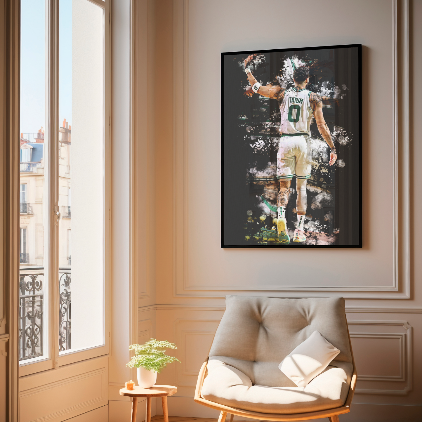 framed poster mockup of basketball player jayson tatum hanging in a living room