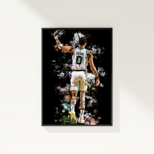 framed poster mockup of basketball player jayson tatum hanging on a white wall