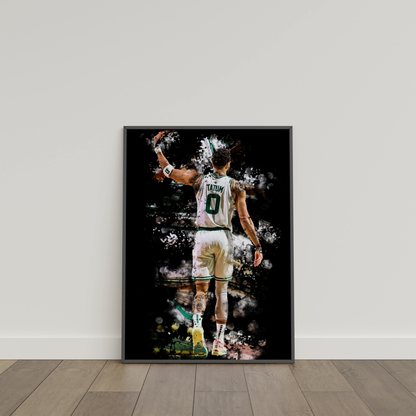 framed poster mockup of basketball player jayson tatum leaning on a white wall