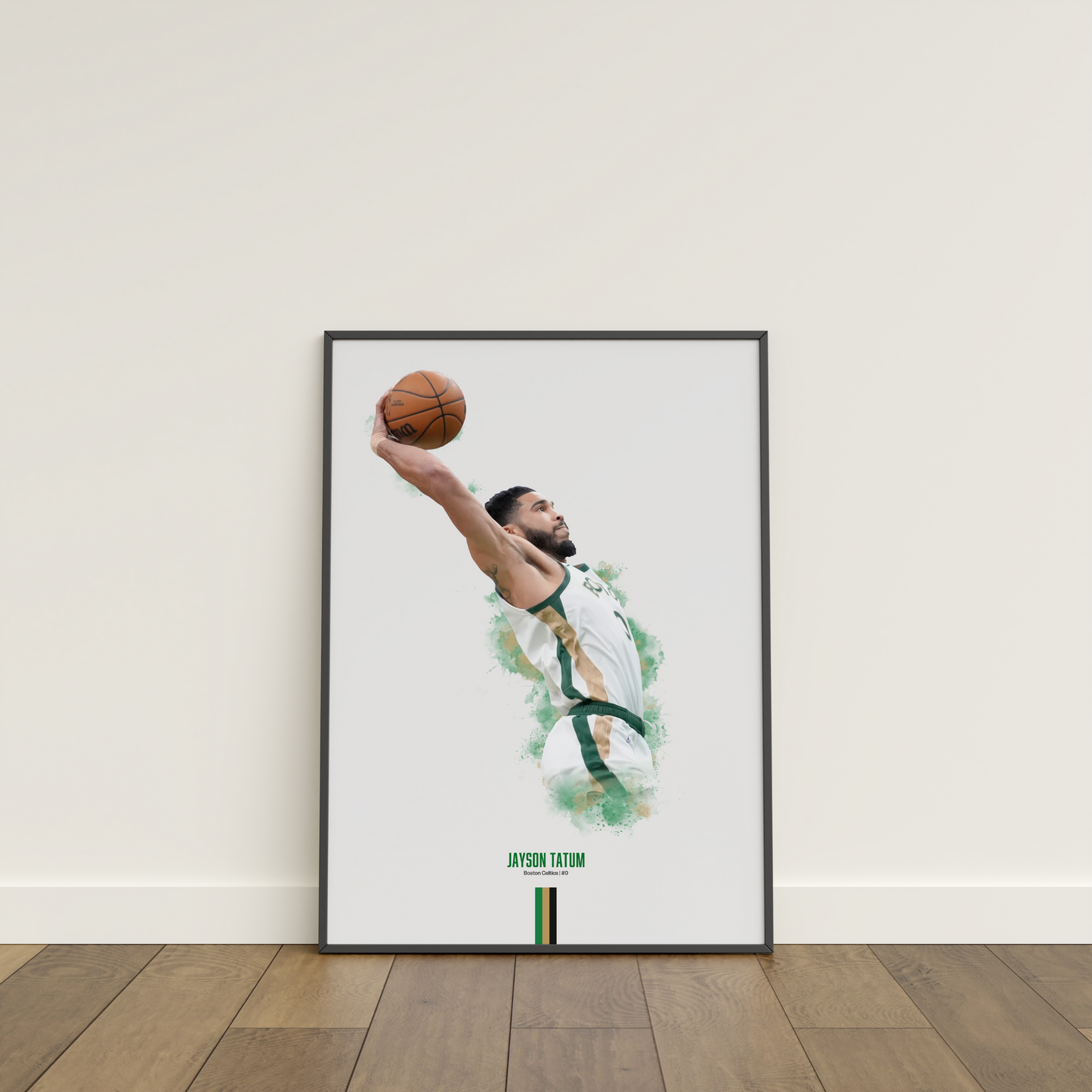 framed poster mockup of basketball player jayson tatum leaning on a white wall