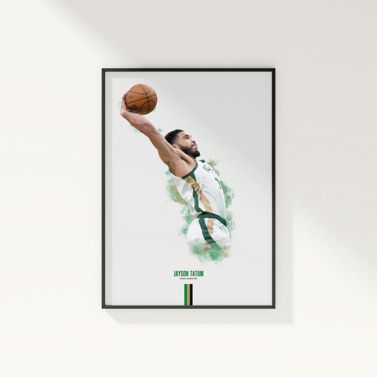 framed poster mockup of basketball player jayson tatum hanging on a white wall