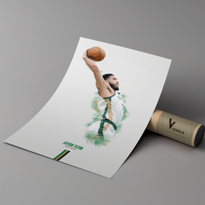 poster mockup of basketball player jayson tatum leaning on a cardboard tube